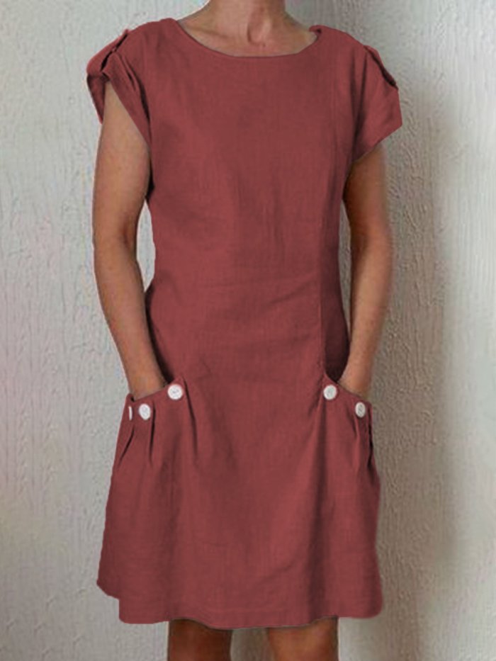 Women Casual Linen Dress Short Sleeve Pockets Buttoned Summer Dresses