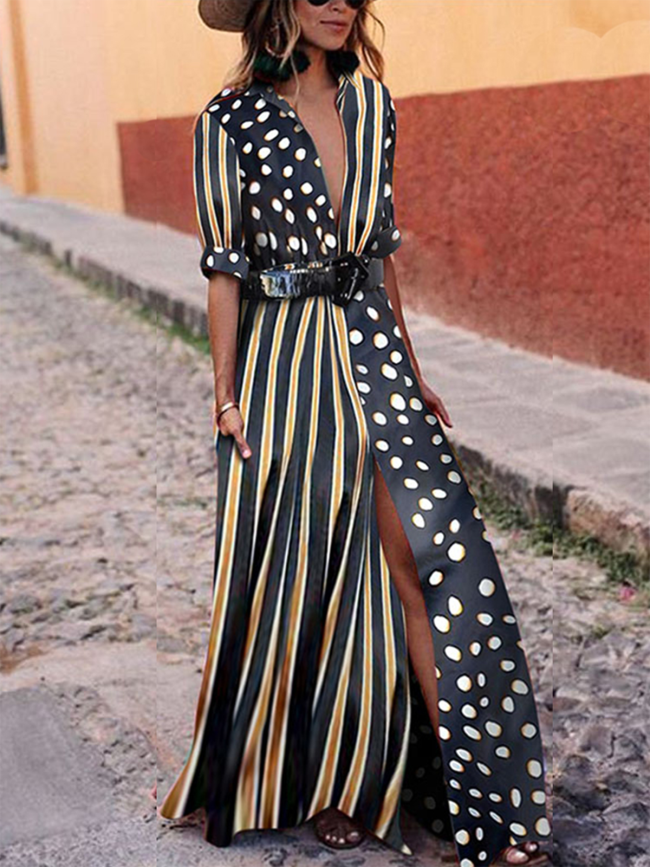 Black Striped Polka Dots Elegant Midi Dress