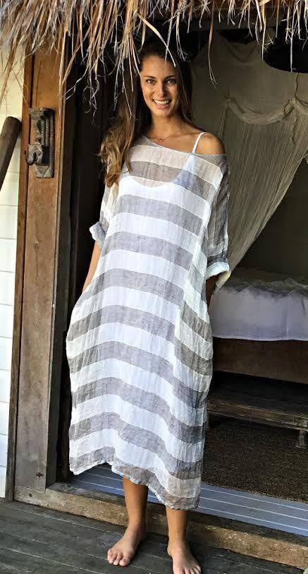 Long Sleeve Linen Dress Soft Stripe Maxi Dress