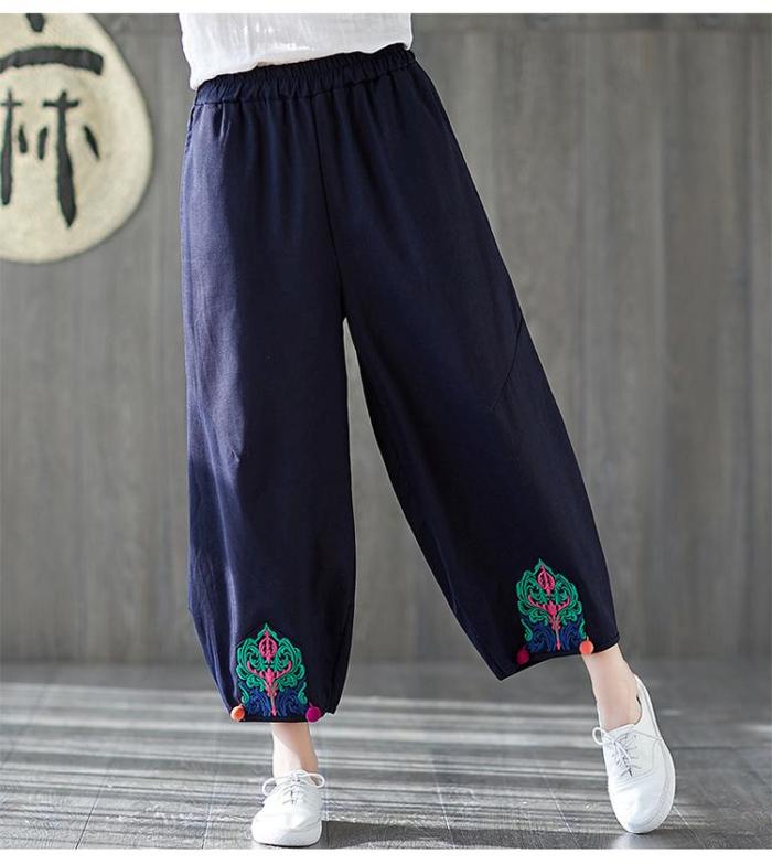 Women Vintage Embroidered Cropped Pants Ethnic Embroidery Cotton Linen Loose Pants