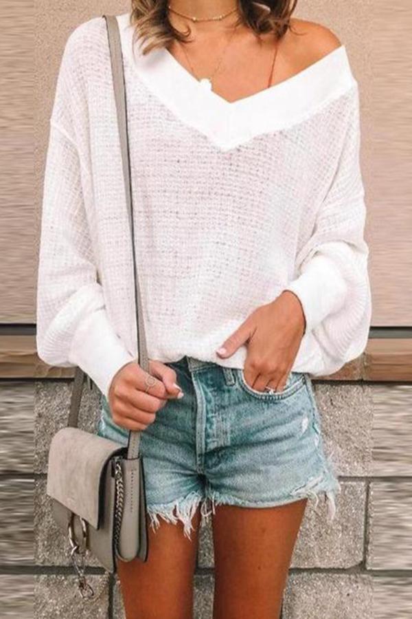 Solid Color Simple V-Neck Sweater