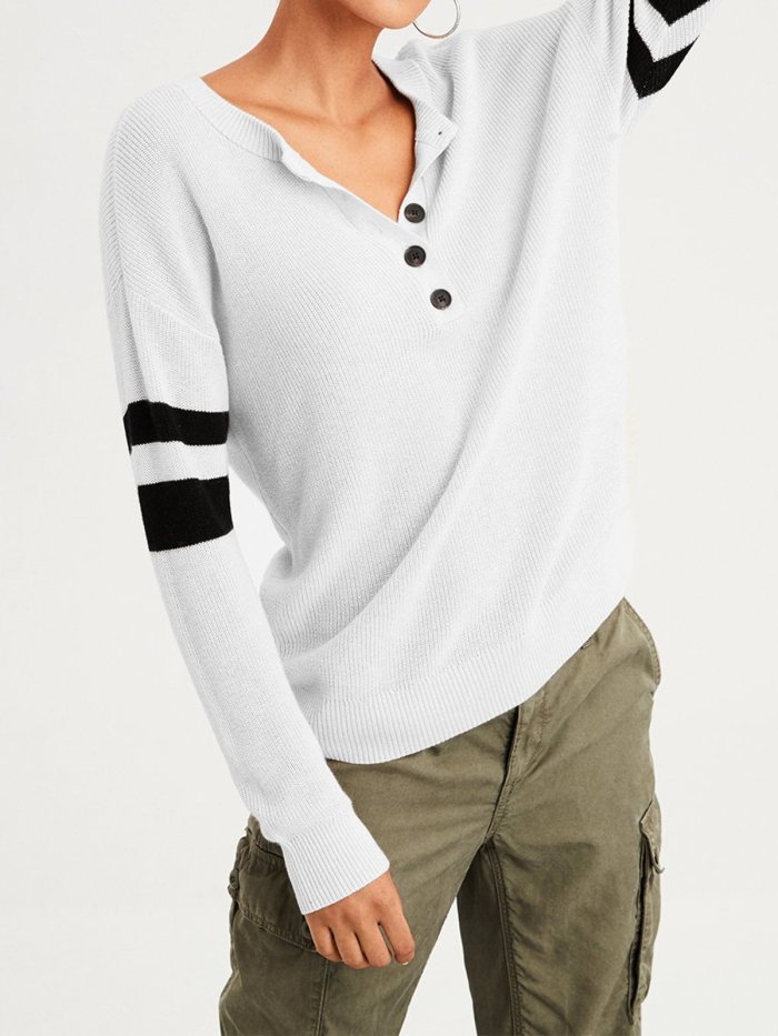 Solid V-Neck Casual Buttoned Sweatershirt