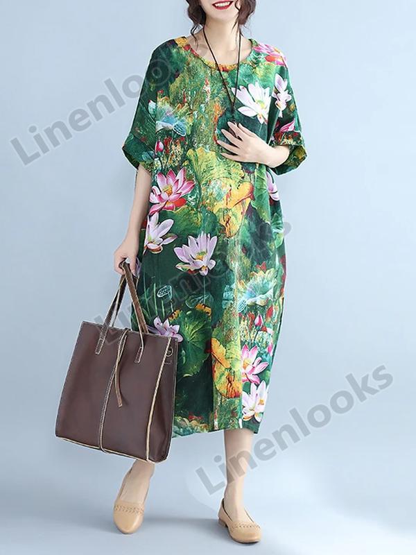 New Cotton Linen Summer Dress Floral Print Plus Size Ladies Beach Casual Dress