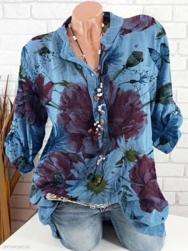 Women Blue V Neck Printed Casual Cotton-Blend Shirts & Tops