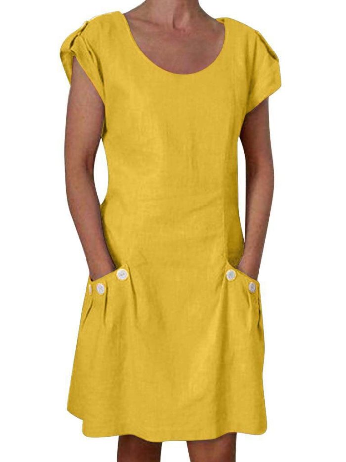Casual Buttoned Short Sleeve Cotton-Blend Dresses