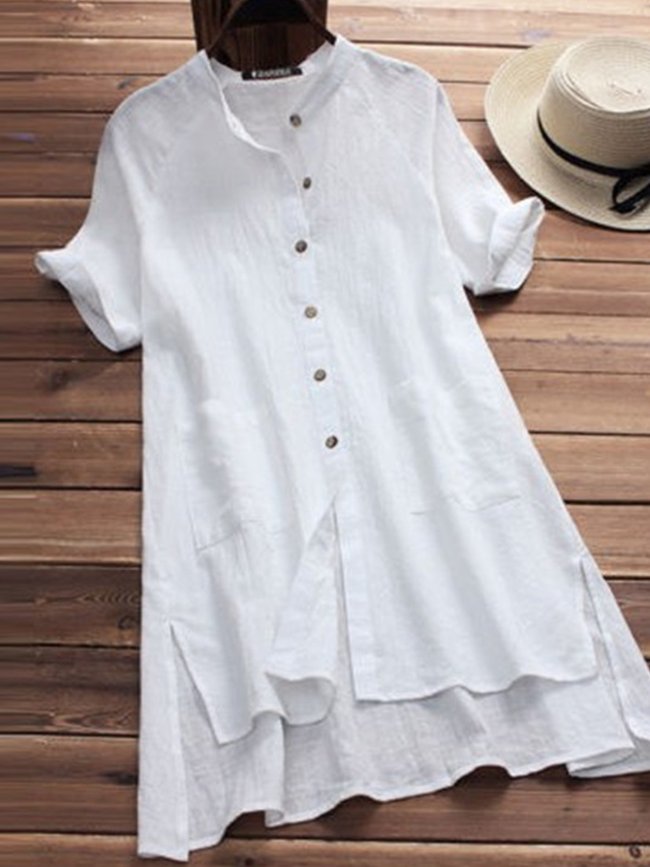 Buttoned Asymmetrical Casual Solid Shirts & Tops