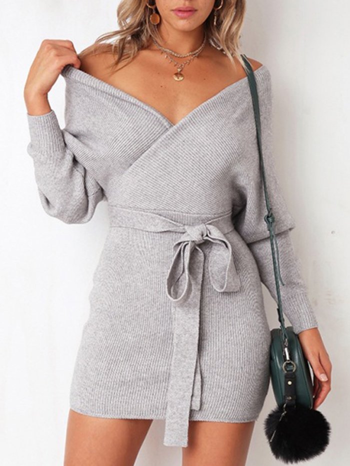 Casual Knitted Sheath V Neck Fall Sweaters Dress