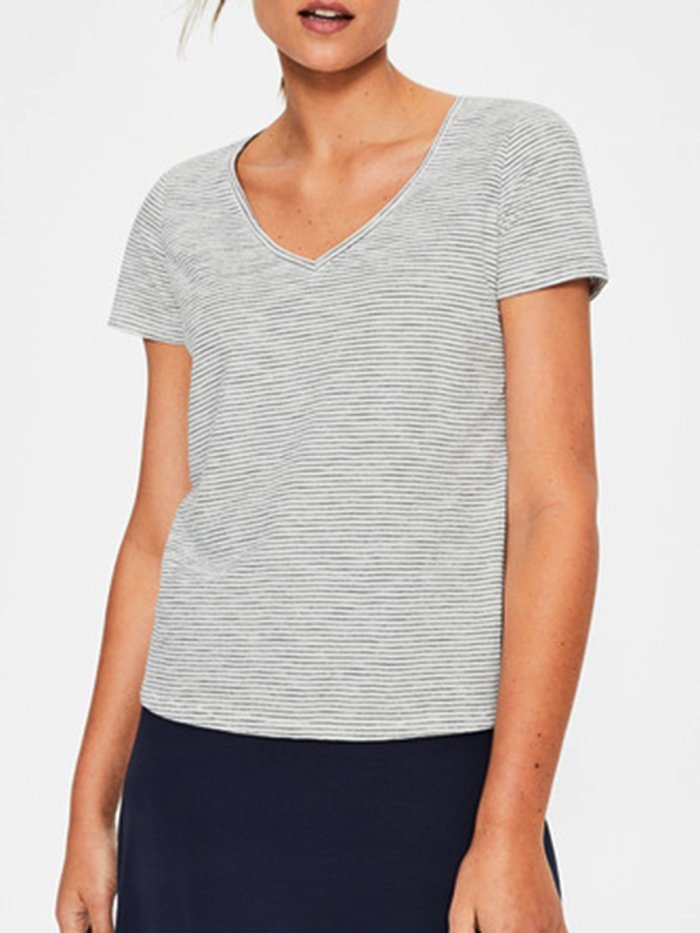 V Neck Short Sleeve Plain Cotton-Blend Shirts & Tops