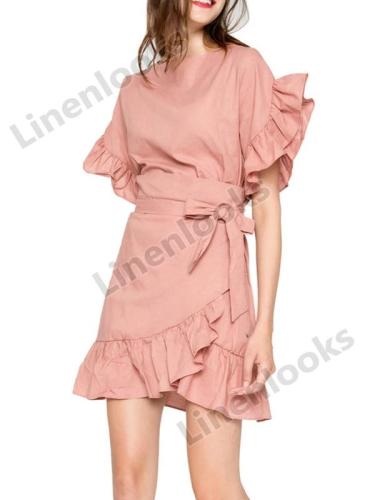Women Summer Solid Color Cotton Dress Ruffles Patchwork Short Sleeve Slim Dress with Bow Belt