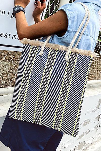 Women's Casual Striped Linen Woven Zipper Tote Bag