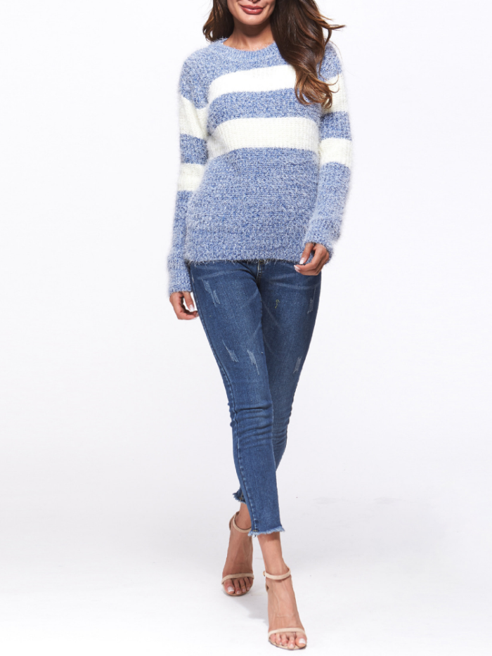Appliqued Striped Wool Casual Geometric Long Sleeve Sweaters