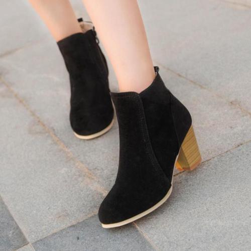 Round Toe Black Women's Ankle Slip-On Suede Boots