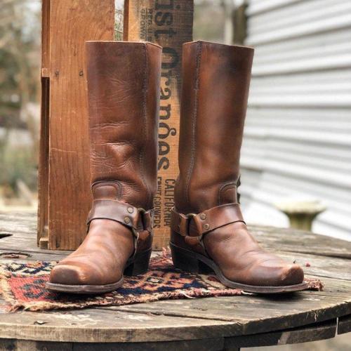 Vintage Slip-On Mid-Calf Boots Chunky Heel Square Toe Cowboy Boots