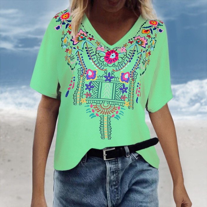 Fashion Blouse Casual Loose Plus Size Ethnic V Neck Printing Short Dleeve Top Blouse
