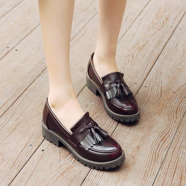 Women Daily Chunky Heel Tassel Synthetic Leather Loafers