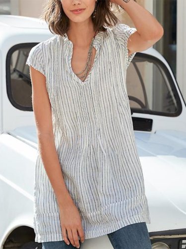 V neck Short Sleeve Casual Striped Blouse