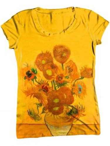 Flower Crew Neck Cotton-Blend Short Sleeve Vintage Shirts & Tops
