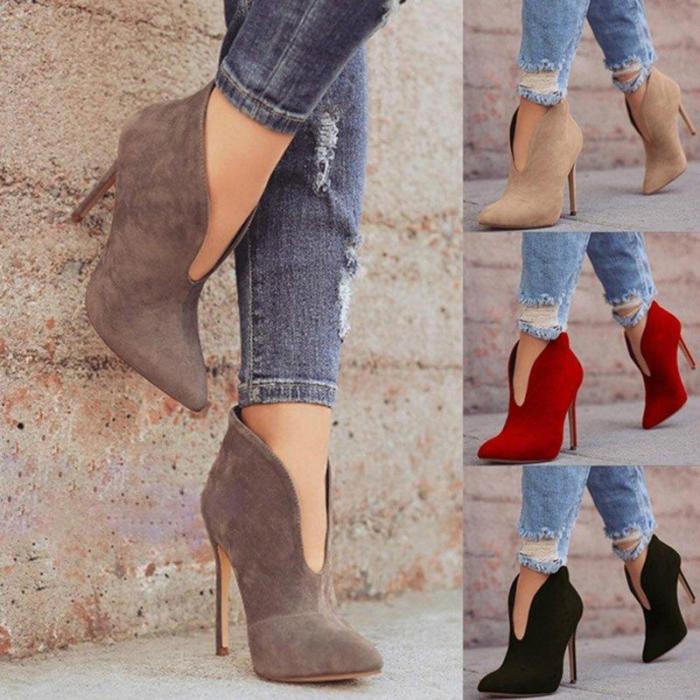 Women Spring Ankle Boots Cut Out High Heel Suede Shoes
