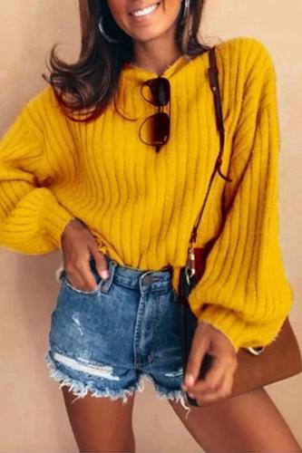 Solid Color Collar Puff Sleeve Sweater