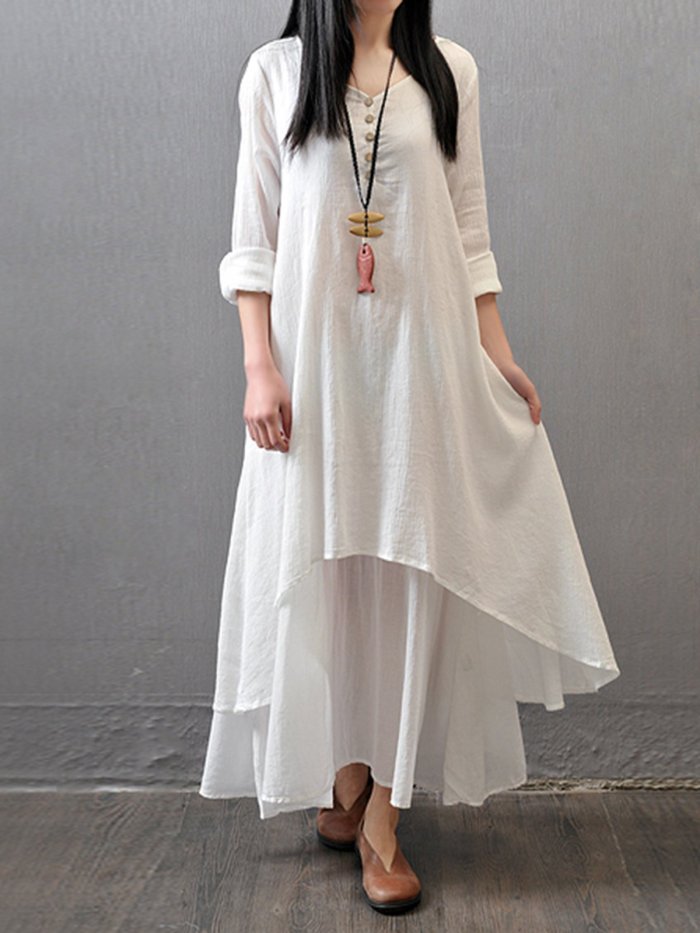 Plus Size Crew Neck Women Dress Asymmetrical Daytime Solid Linen Maxi Dress