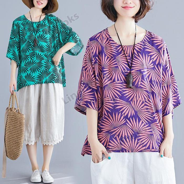 Summer Women Plus Size Cotton Linen Retro Large Size Loose T-Shirt