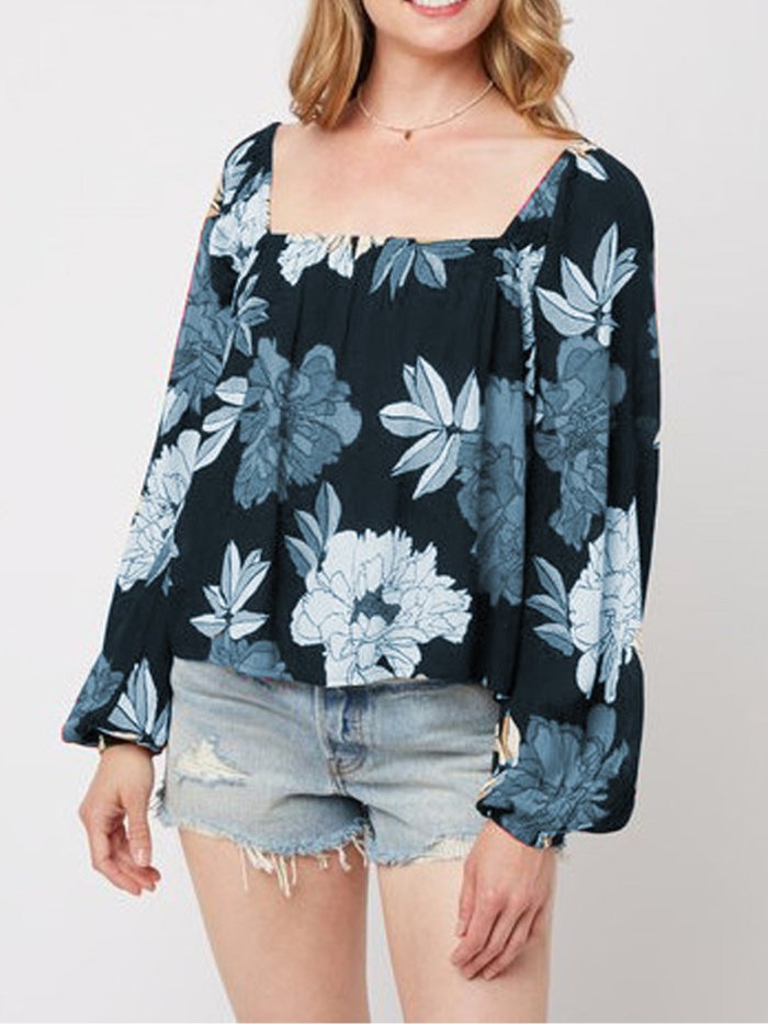 Floral Square Neck Casual Shirts & Tops