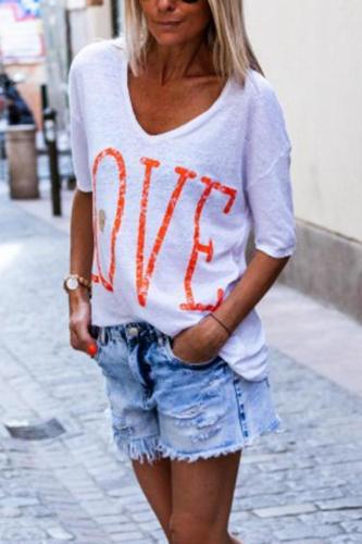 Half  Sleeves V-neck Letter Casual T-shirts