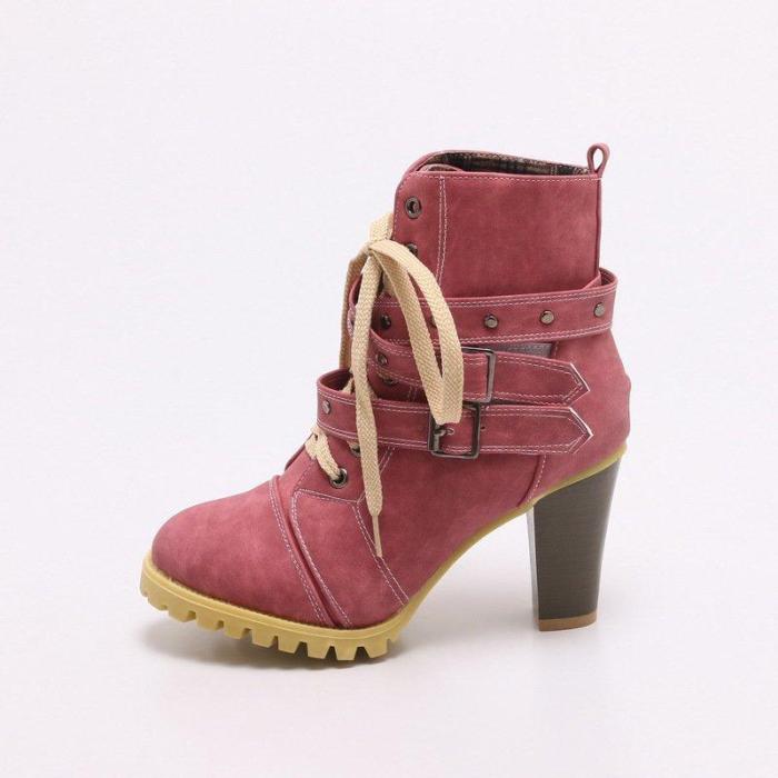 Women Lace Up Booties Casual Comfort Chunky Heel Shoes