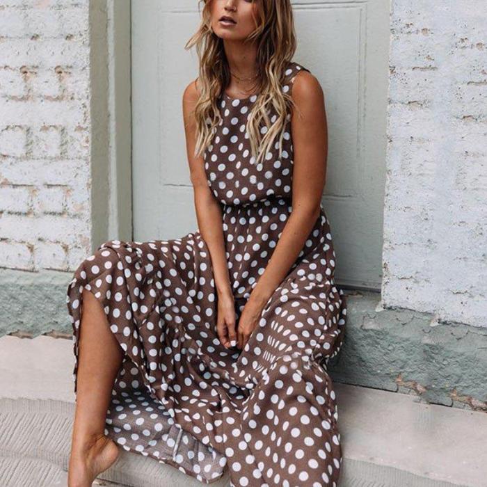 Coffee Polka Dots Round Neck Casual Maxi Dresses