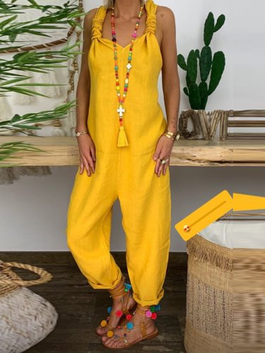 Yellow Sleeveless Solid One-Pieces
