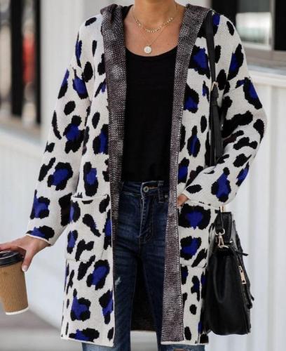 Long Sleeve Leopard Printed Knit Cardigan Coat Open Front Jackets Fashion Streetwear Hooded Sweater