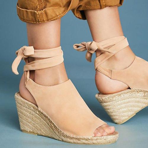 Women Flocking Wedge Sandals Vie Tie Up Shoes