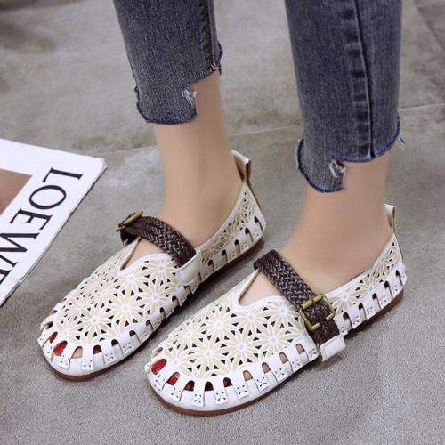Women Hollow Out Loafers Flower Flat Adjustable Buckle Shoes