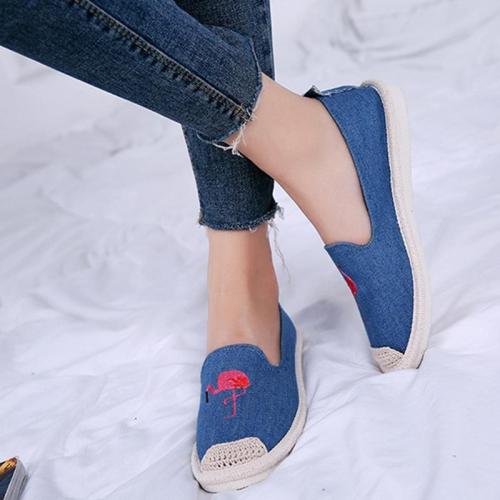 Women Canvas Flat Loafers Casual Flamingo Embroidery Espadrille Shoes
