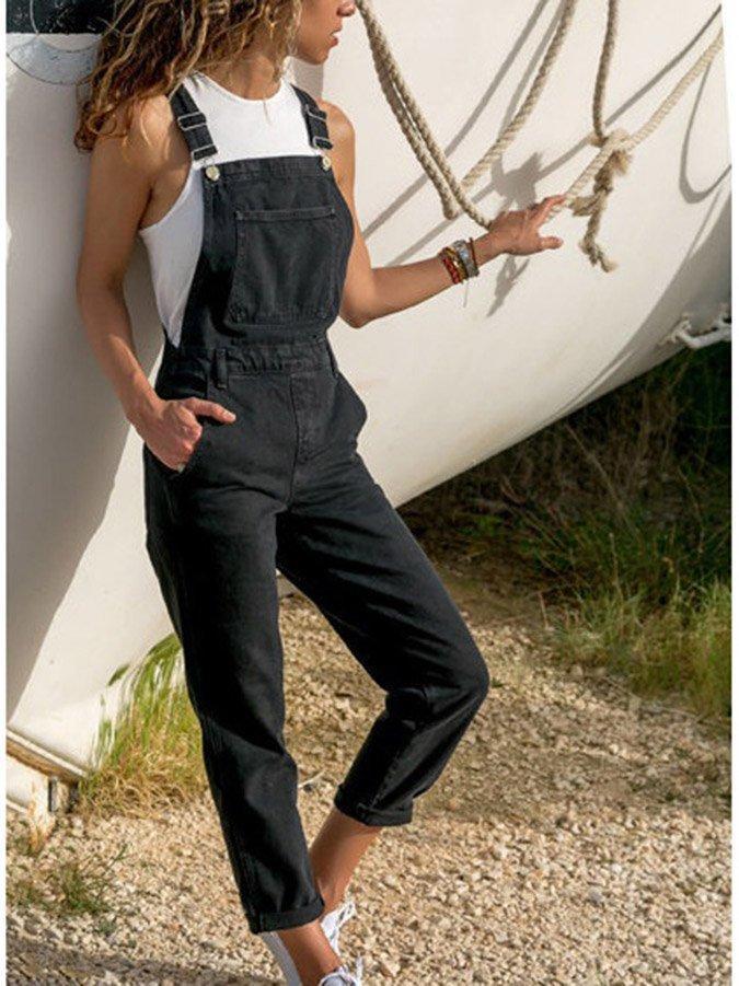 Women's Solid Denim Casual Shift One-Pieces Jumpsuits