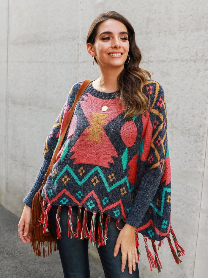 Multicolor Long Sleeve Tribal Fringed Cotton-Blend Sweaters