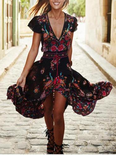 Spring Sexy V Collar Short-Sleeved Retro Printed Expansion Vacation Plus Size Dress