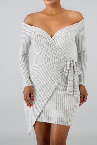 Casual Sexy V Neck Off   The Shoulder Knitted Sweater Mini Dresses