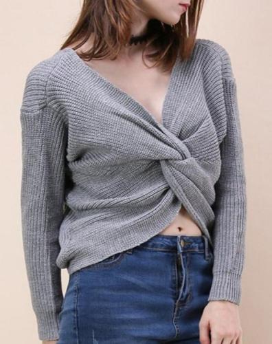 2020 New V Neck Twisted Back Sweater Women Jumpers Pullovers Casual Tops Long Sleeve Knitted Sweaters