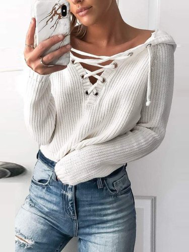 V Neck Casual Lace Up Solid Sweater