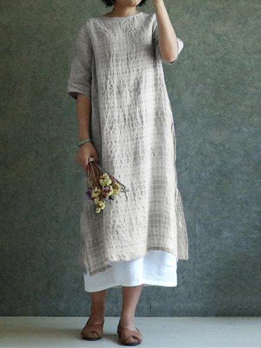Plus Size Women Dress Shift Daily 3/4 Sleeve Casual Plaid Linen Maxi Dress