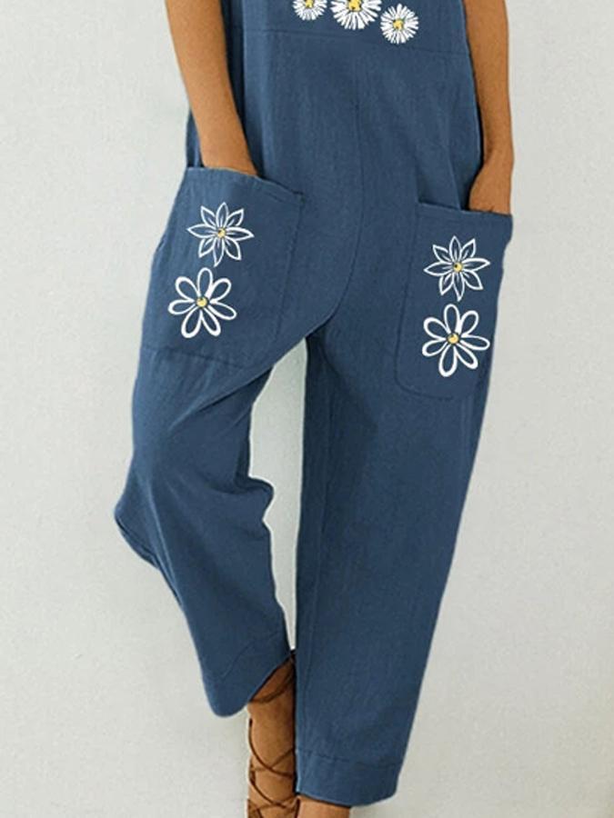 Blue Daisy Flower Printed Straps Pockets Casual Jumpsuits