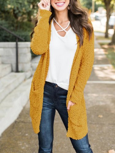 Yellow Casual Solid Knitted Quilted Coat