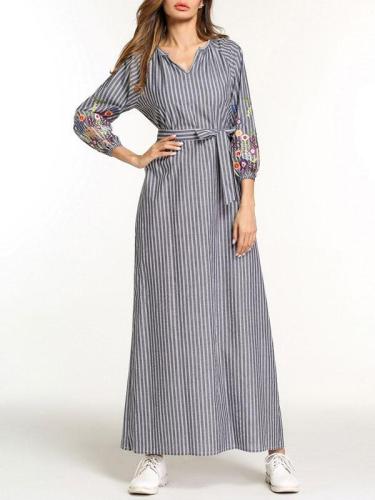 Embroidery Striped Maxi Dress