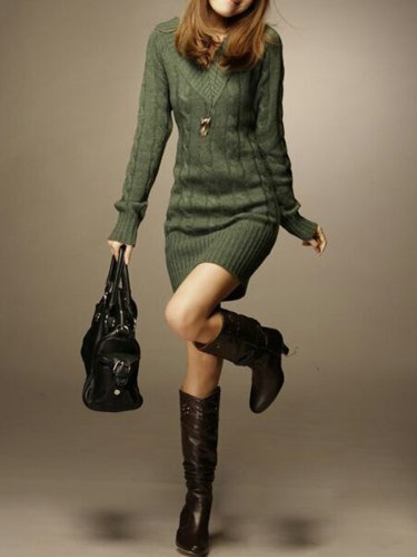 Casual Sheath V Neck Knitted Sweater Dress