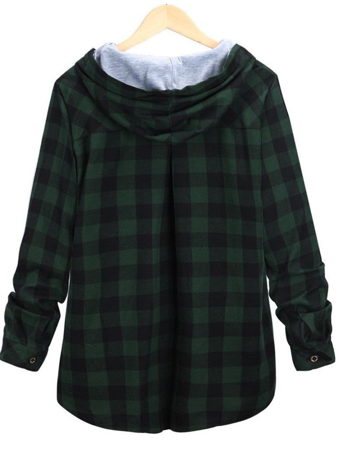 Casual Long Sleeve Hooded Plaid Plus Size Coat