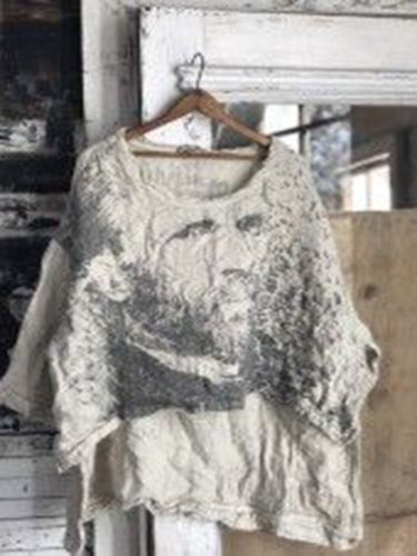 Women Light Gray Linen Round Neck Vintage Shirts & Tops