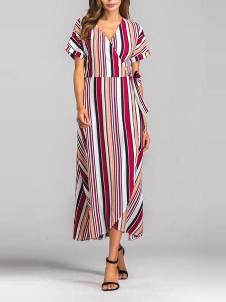 Rainbow Multicolor Stripes Beach Swing V-Neck Maxi Plus Size Dress