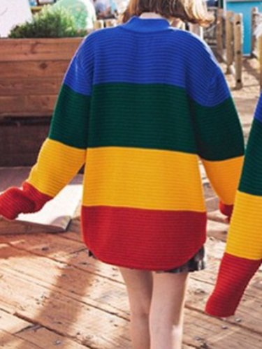 As Picture Knitted Crew Neck Casual Cotton Sweater
