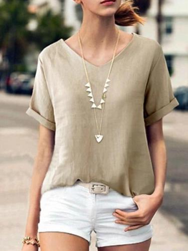 Casual  V-neck Short Sleeves Solid T-shirt